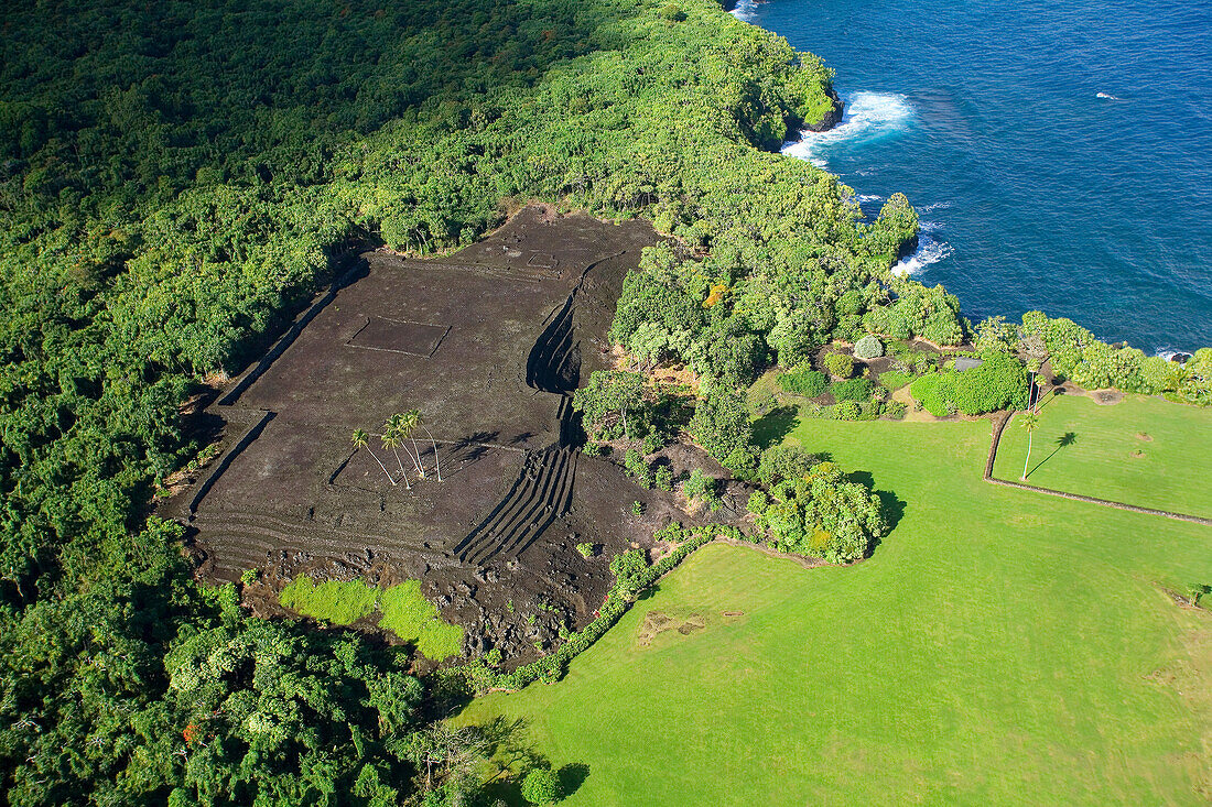 Hawaii, Maui, aerial of Piilani Heiau near Hana.