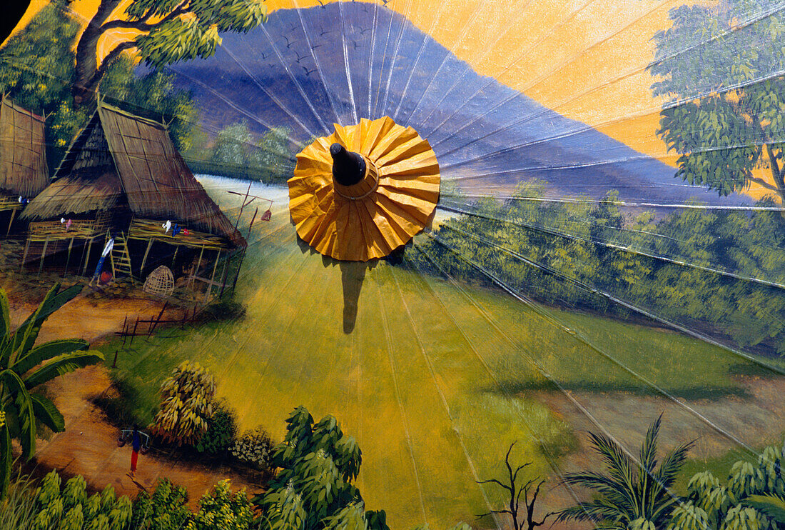 Thailand, Baw Sang, Detailed scene painted on umbrella