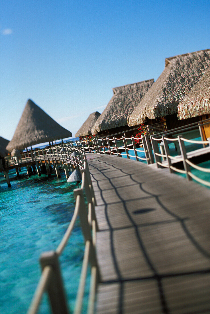 French Polynesia, Moorea, Wooden walkway over crystal water leading to water bungalows