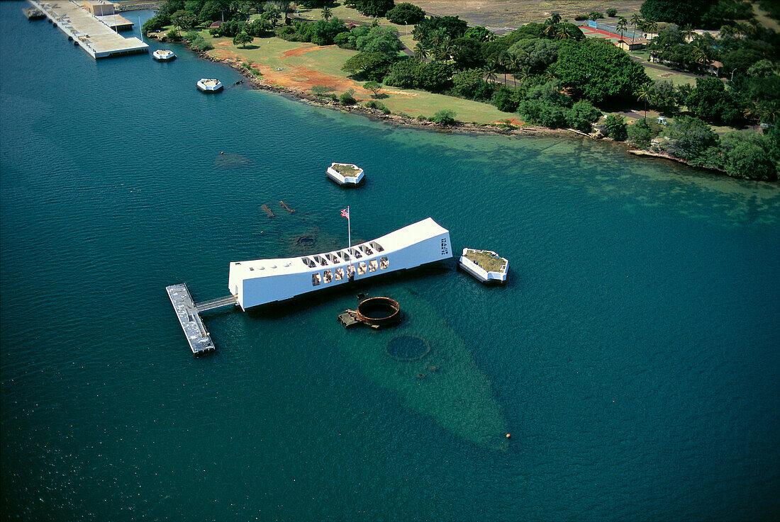 Hawaii, Oahu, Pearl Harbor, Arizona Memorial aerial view with ship visible below A42A