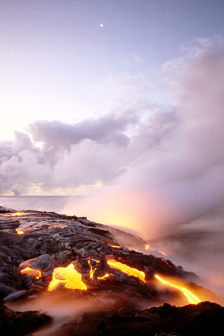 Hawaii, Big Island, Hawaii Volcanoes National Park, lava flow at dawn, steaming B1580