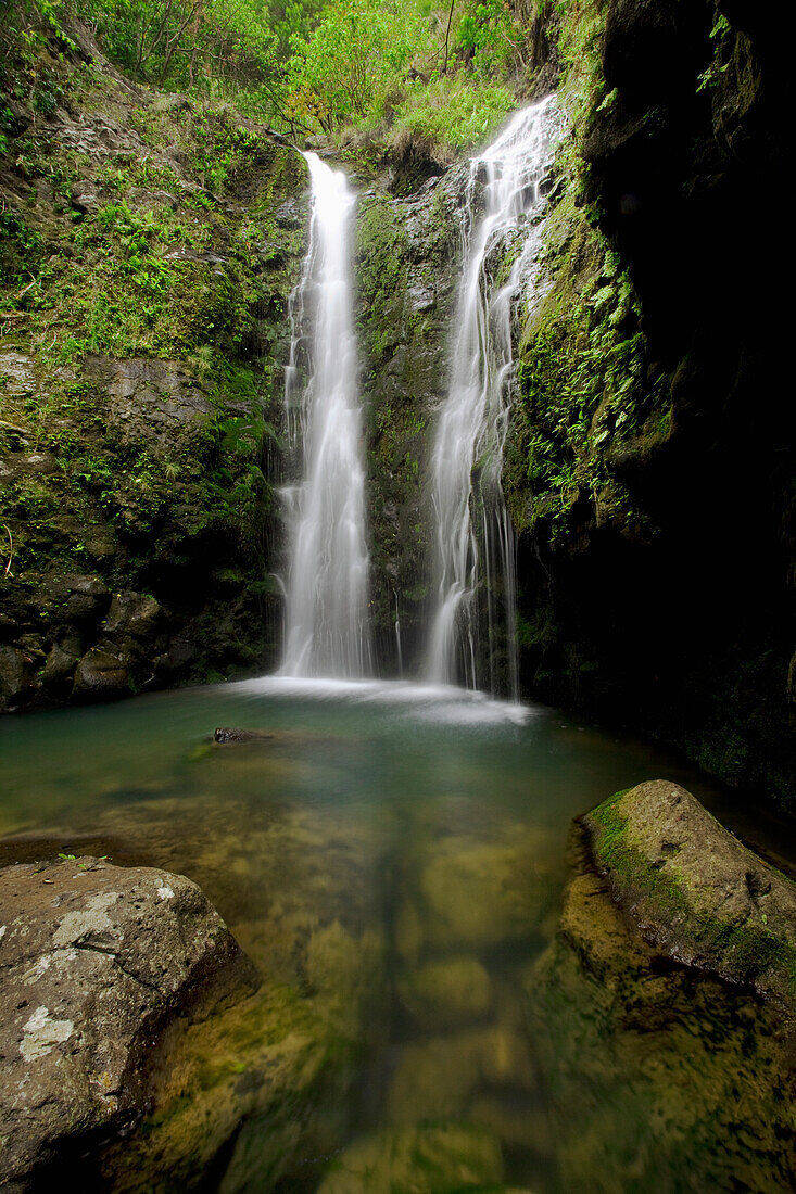 Hawaii, Maui, Makamakaole Gulch, Waihee Ridge Trail, Waterfall and pond.