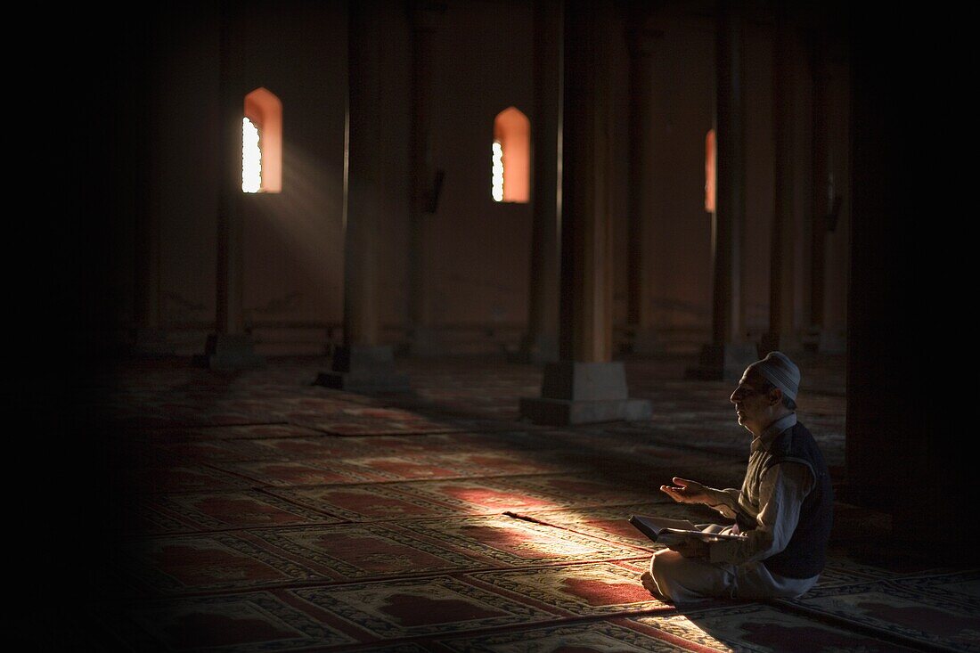 'Muslim Man Praying In Mosque; Jamia Masjid, Srinagar, Kashmir, India'