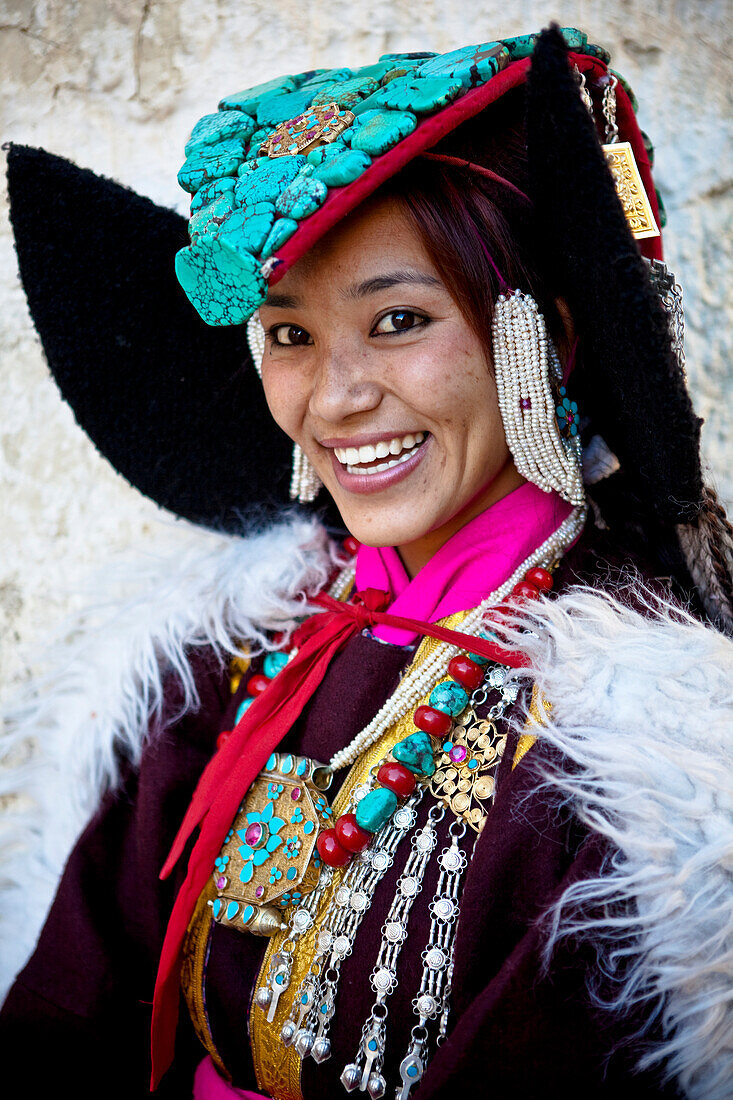 'A Beautiful Ladakhi Women In Traditional Costume Jewelry; Ladakh Jammu And Kashmir India'