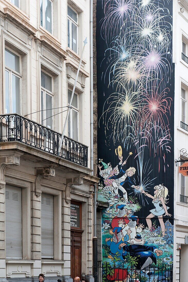 Belgium - Brussels - Street of the Oak - Mural of Olivier Rameau and Colombe Tiredaile, heroes of Dany's comic strips (draftsman) and Greg (scriptwriter)