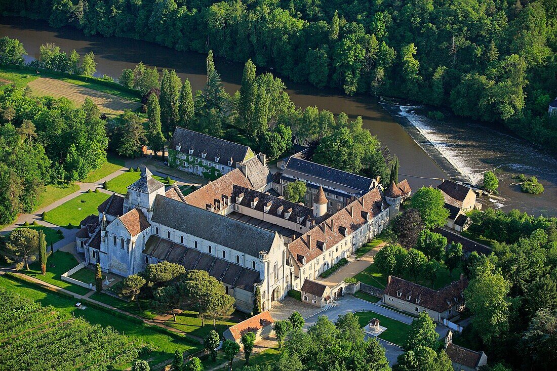 France, Indre (36), The Abbey of Our Lady of Fontgombault, is a Benedictine of the Congregation of Solesmes, jewels of the Romanesque, (aerial photo)