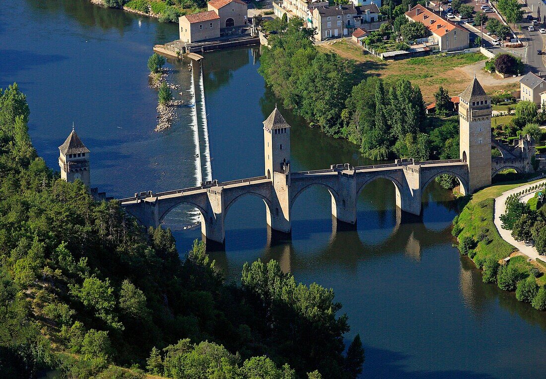 France, Lot (46) Cahors town located in a meander of the Lot, crossing the Lot, The bridge is a bridge Valentré fortified fourteenth century, classified historical monuments and UNESCO World Heritage, (aerial photo)