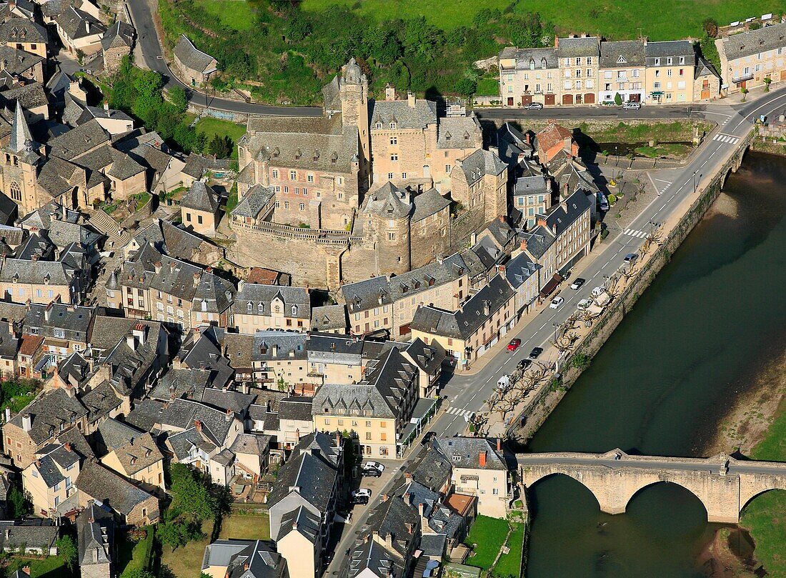 France, Aveyron, aerial view of Estaing village
