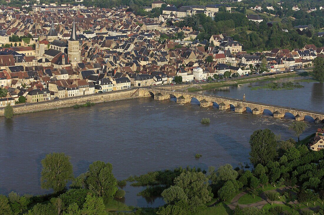 France, Nièvre (58), La Charité-sur-Loire, a town located on the banks of the Loire, the church and the old bridge, (aerial photo)