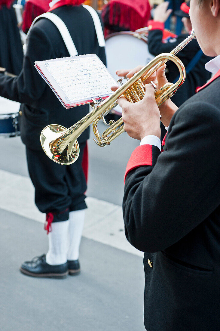 Musicians in traditional clothes, Brass band, Livigno, Lombardy, Italy