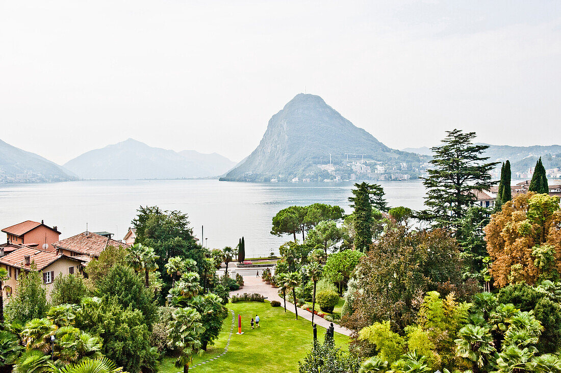 View from Hotel across lake Lugano, Lugano, Ticino, Switzerland