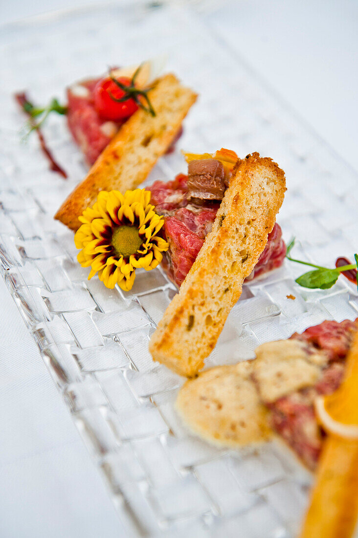 Tartar served with toasted breadsticks, Hotel Castagnola, Lake Lugano, Lugano, Ticino, Switzerland