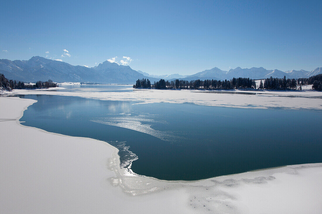 Blick über den Forggensee zu den Allgäuer Alpen mit Tegelberg, Säuling und Tannheimer Bergen, Allgäu, Bayern, Deutschland