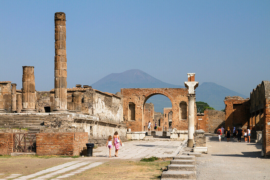 Temple of Jupiter with Macellum and Vesuvius, historic town of Pompeii in the Gulf of Naples, Italy, Europe