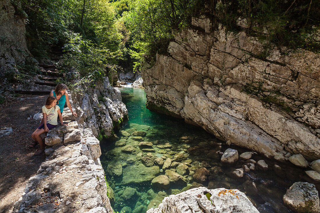 Mother and daughter hiking, Calore Gorge, Cilento National Park, Cilento, Campania, Southern Italy, Europe