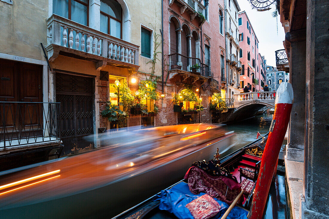 Gondola and restaurant, canal, Venice, Venetia, Italy, Europe