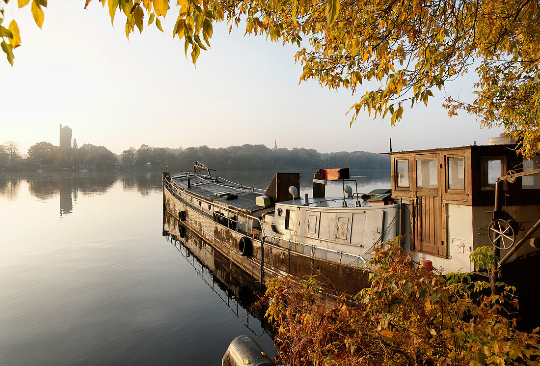 Old Cargo Ship, Templin Lake, Havel, Water Tower on Hermannswerder island, Potsdam, Land Brandenburg, Germany