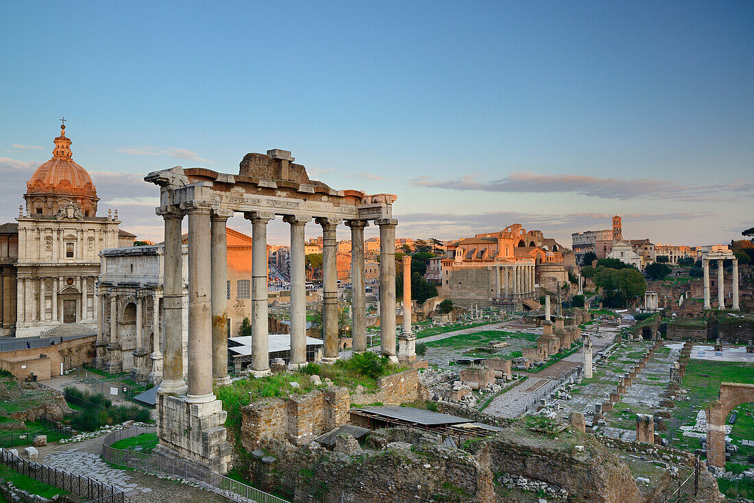Roman Forum at dusk with temple of saturn in the middle, UNESCO World Heritage Site Rome, Rome, Latium, Lazio, Italy