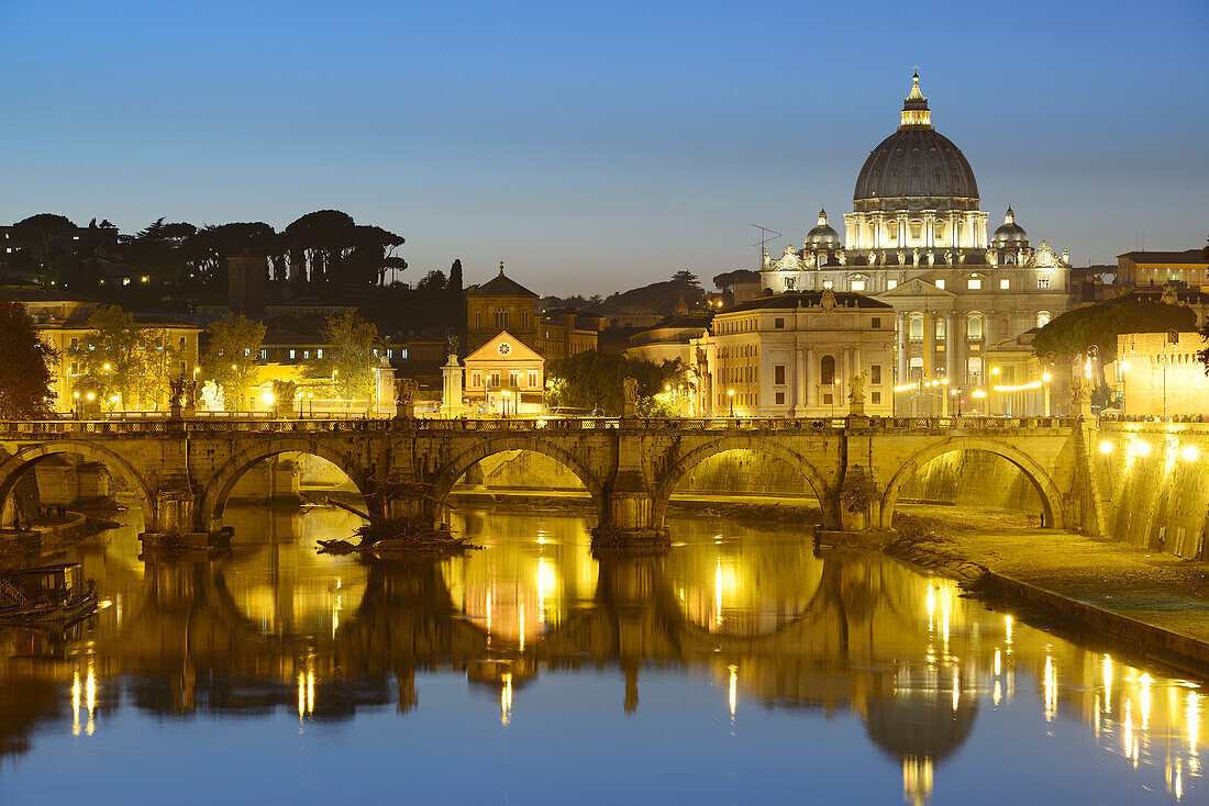 St Peter´s basilica above the river Tiber at night, illuminated, UNESCO World Heritage Site Rome, Rome, Latium, Lazio, Italy