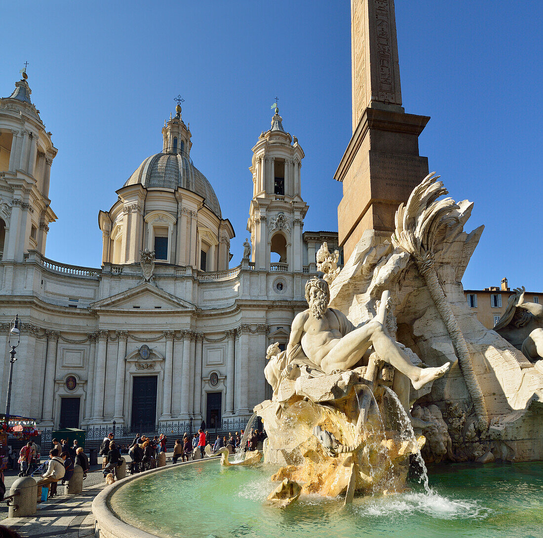 Fontana dei Quattro Fiumi, Fountain of the Four Rivers, artist Bernini, in front of church Sant´Agnese, Piazza Navona, UNESCO World Heritage Site Rome, Rome, Latium, Lazio, Italy