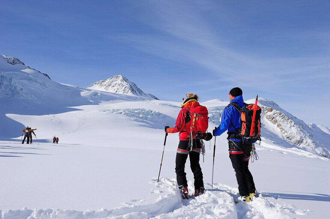 Two backcountry skiers ascending to Wildspitze, Oetztal Alps, Tyrol, Austria