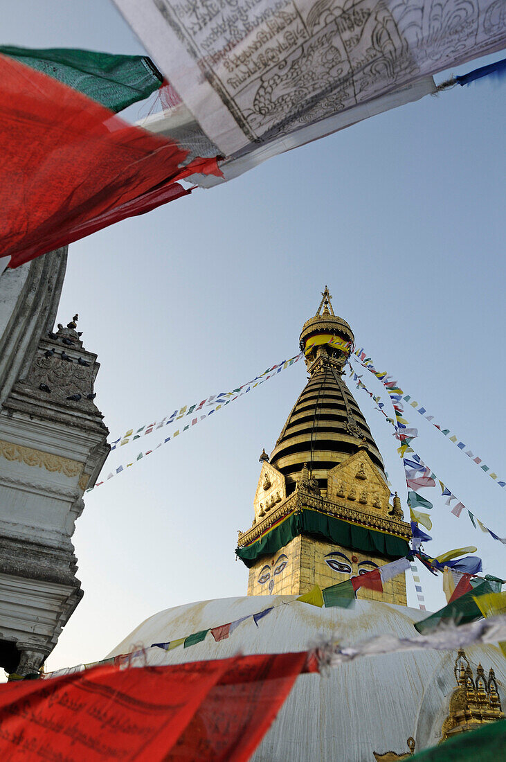 Prayer flags at Swayambhunath Stupa, Kathmandu, Kathmandu Valley, Nepal, Asia