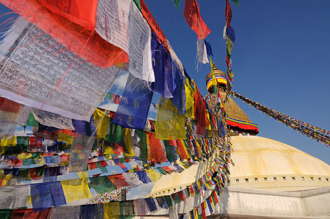 Prayer flags at Bodnath Stupa, Kathmandu, Kathmandu Valley, Nepal, Asia