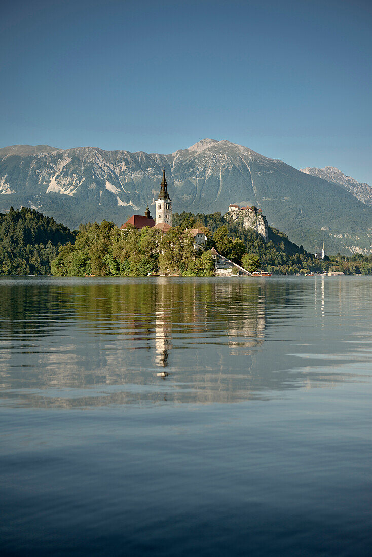 View at St Mary Church at tiny island of Lake Bled, Julian Alps, Gorenjska, Slovenia