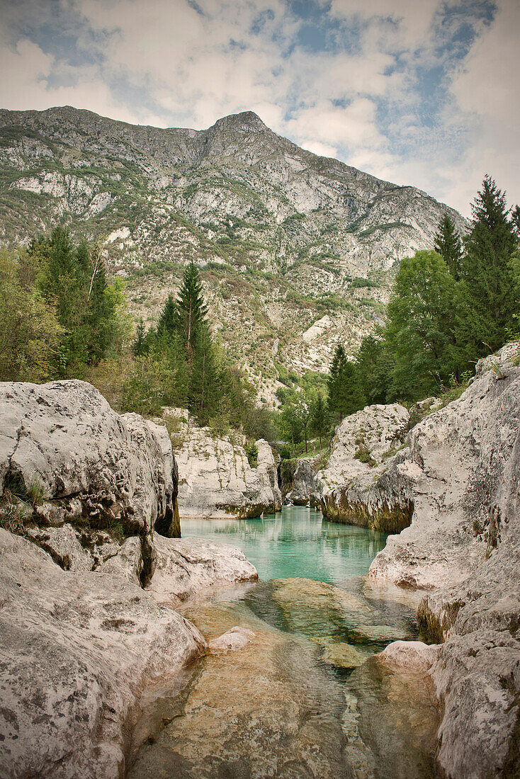 Fluss und Berge im Soca Tal bei Bovec, Julische Alpen, Primorska, Slowenien