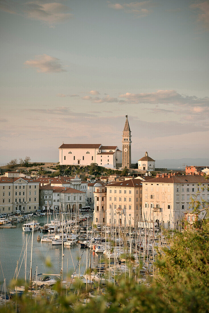 Marina and parish church of St Georg at Piran, Adria coast, Mediterranean Sea, Primorska, Slovenia