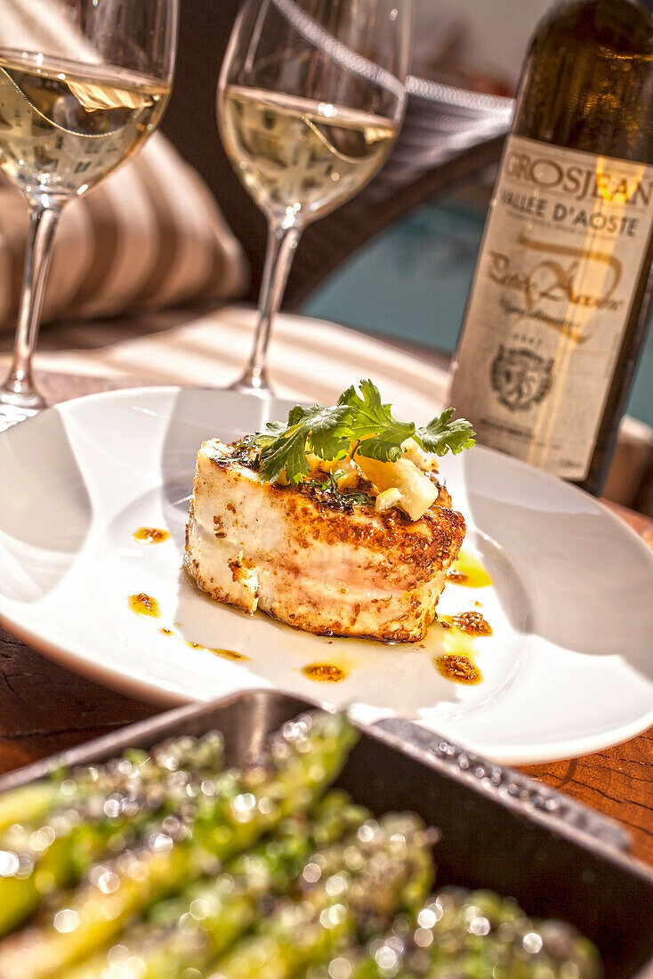 Spiced grilled swordfish with preserved lemon, coriander and olive oil dressing, Restaurant BLT Steak at Hotel The Betsy, Ocean Drive, South Beach, Miami, Florida, USA