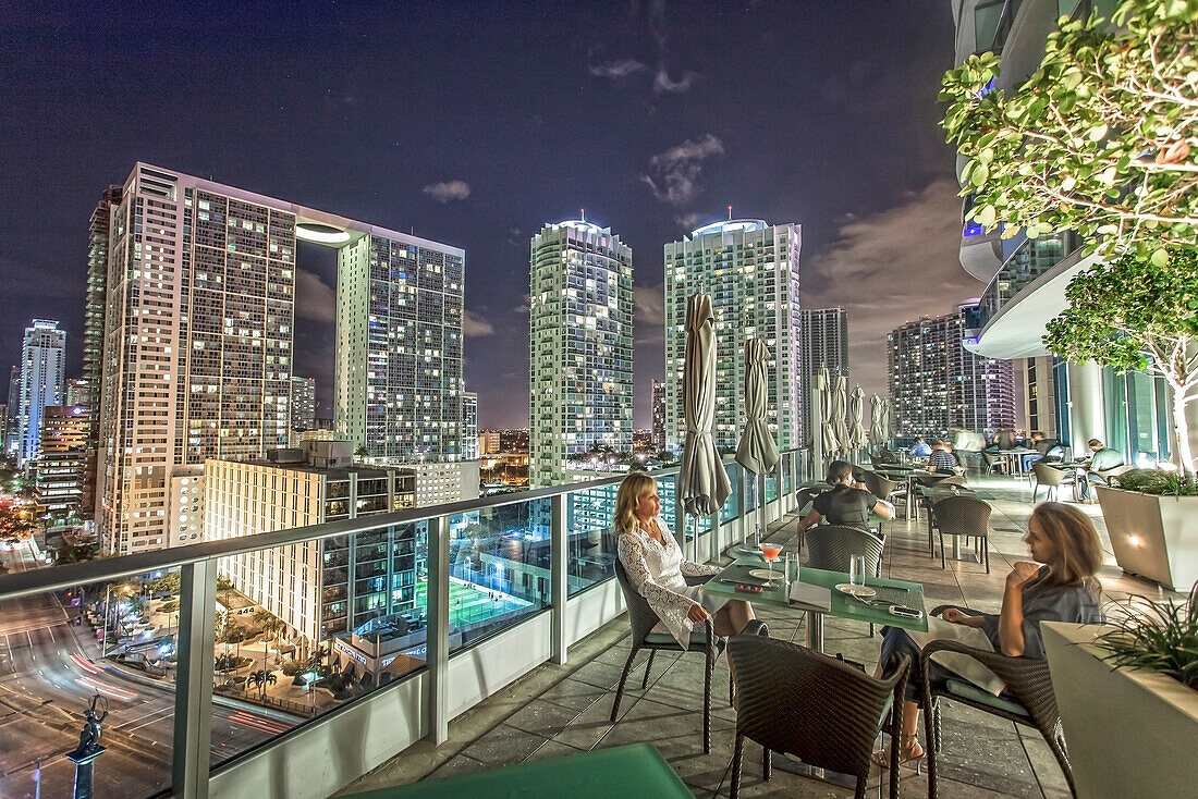 Terrace of gourmet restaurant Area 31 at hotel Epic, Downtown Miami, Miami, Florida, USA