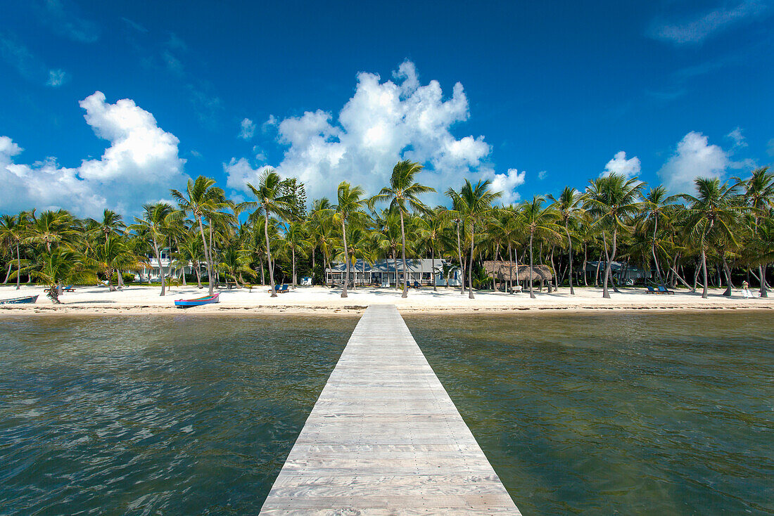 Strand mit Landungssteg im The Moorings Village Resort, Islamorada, Florida Keys, Florida, USA