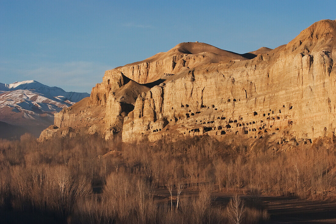 Panoramic view of Bamiyan and the escarpment with hundreds of caves, Bamian Province, Afghanistan
