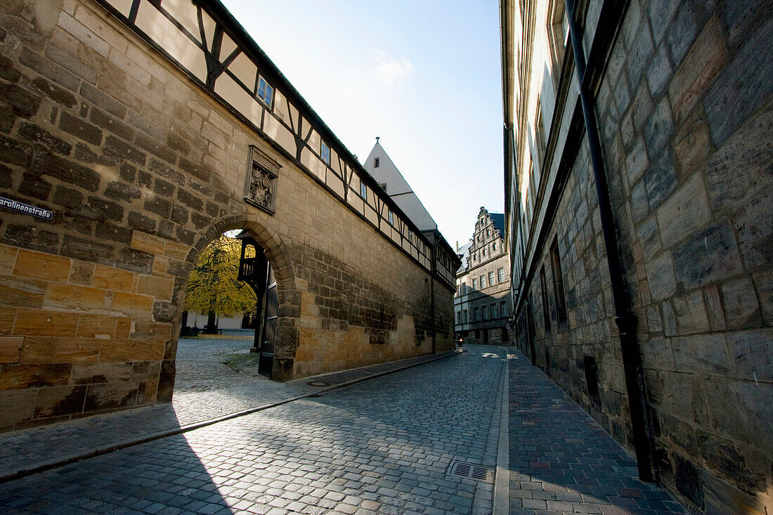 Gate to the courtyard of the Alte Hofhaltung (Old Court), Bamberg, Bavaria, Germany