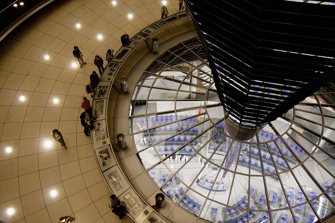 Inside Norman Foster's Dome of the Reichstag Building at night, Berlin, Germany