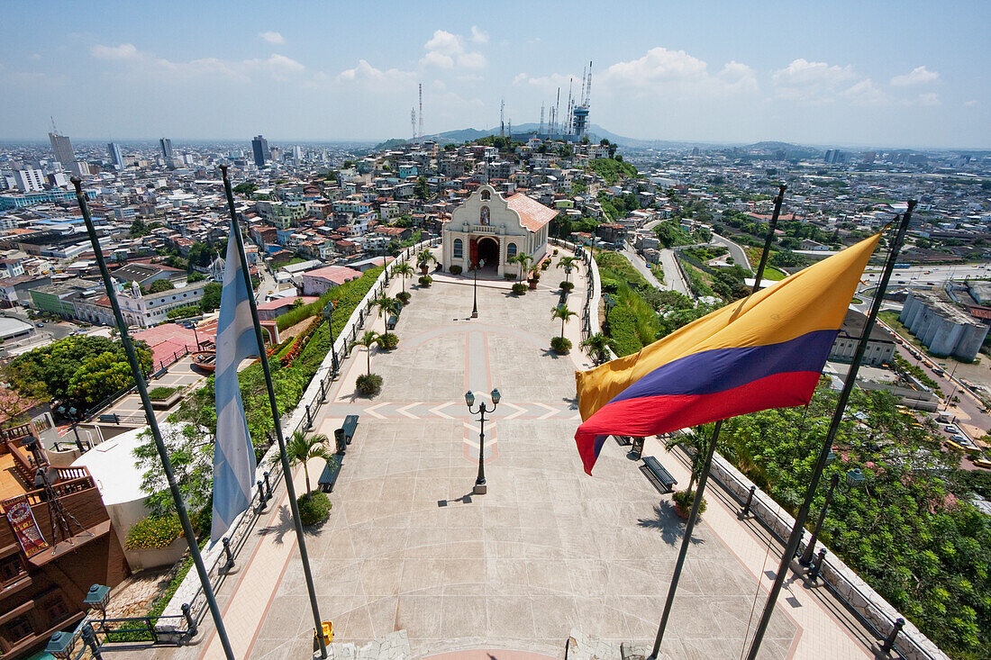 Ecuadorian flag and Santa Ana Chapel on Cerro Santa Ana, Guayaquil, Guayas, Ecuador