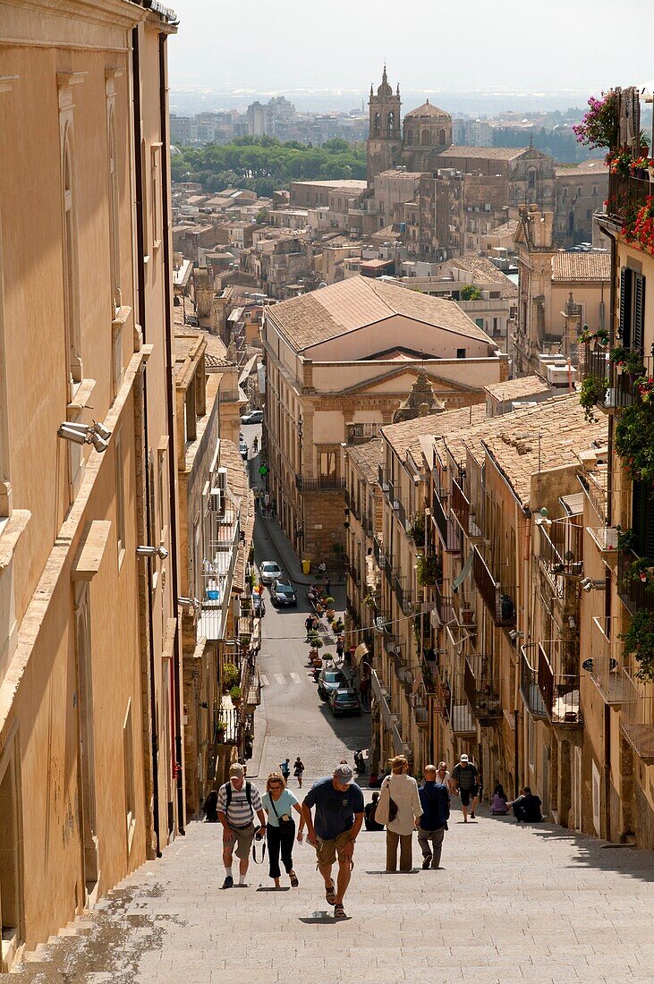 Italy, Sicily, Caltogirione, Medieval town known for it´s fine ceramics  View from the top of a long steep staircase to the upper town