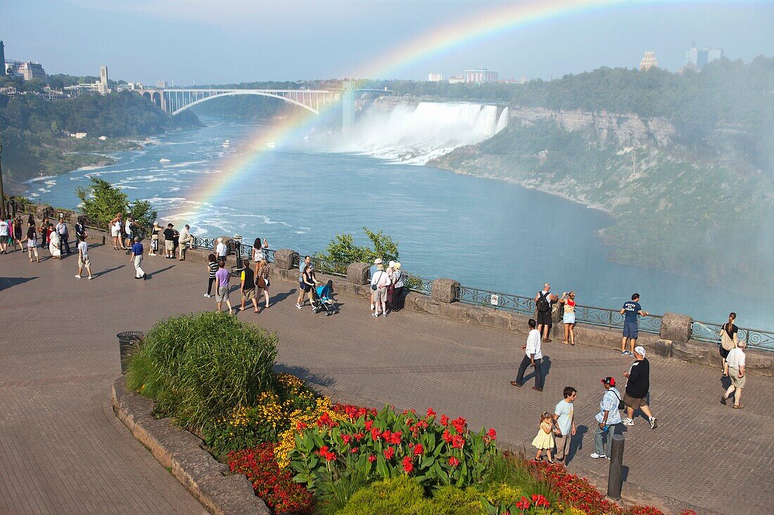 RAINBOW AT AMERICAN FALLS NIAGARA WATERFALLS FROM TABLE ROCK PROMENADE NIAGARA ONTARIO CANADA