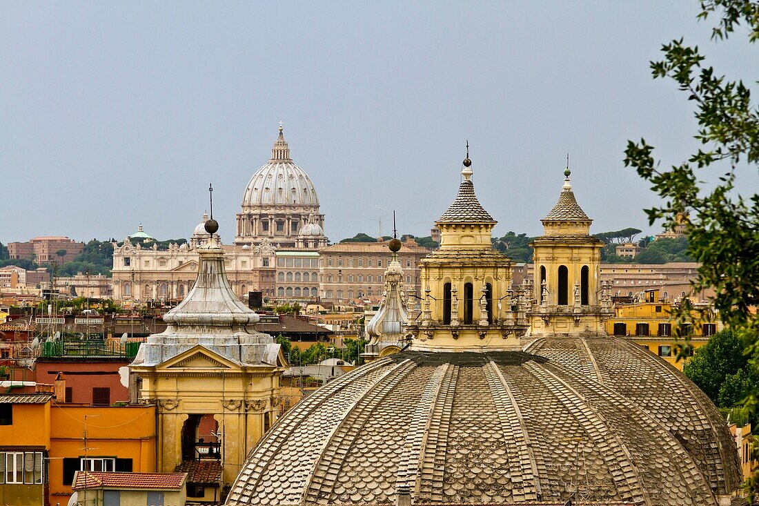 The Roman skyline above Popolo Square in Rome, Italy