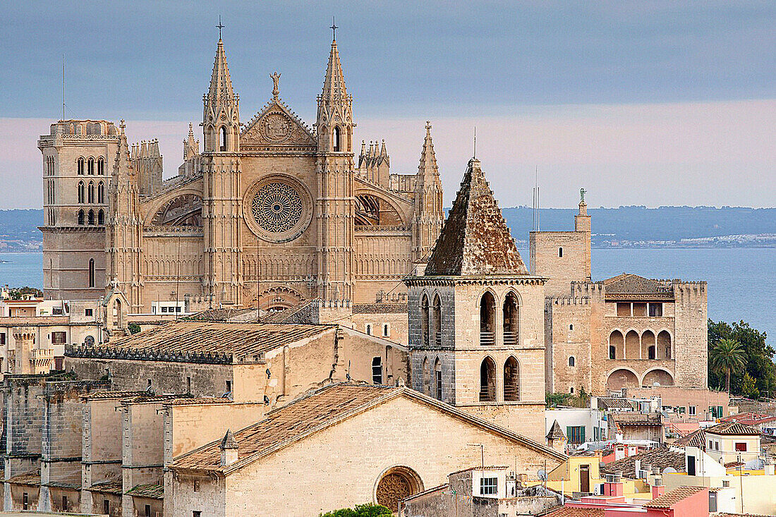 Palma Cathedral La Seo, XIV-XVI century, Church of The Holy Cross, XIV century, seaside neighborhood of Puig de Sant Pere, Palma, Mallorca, Balearic Islands, Spain
