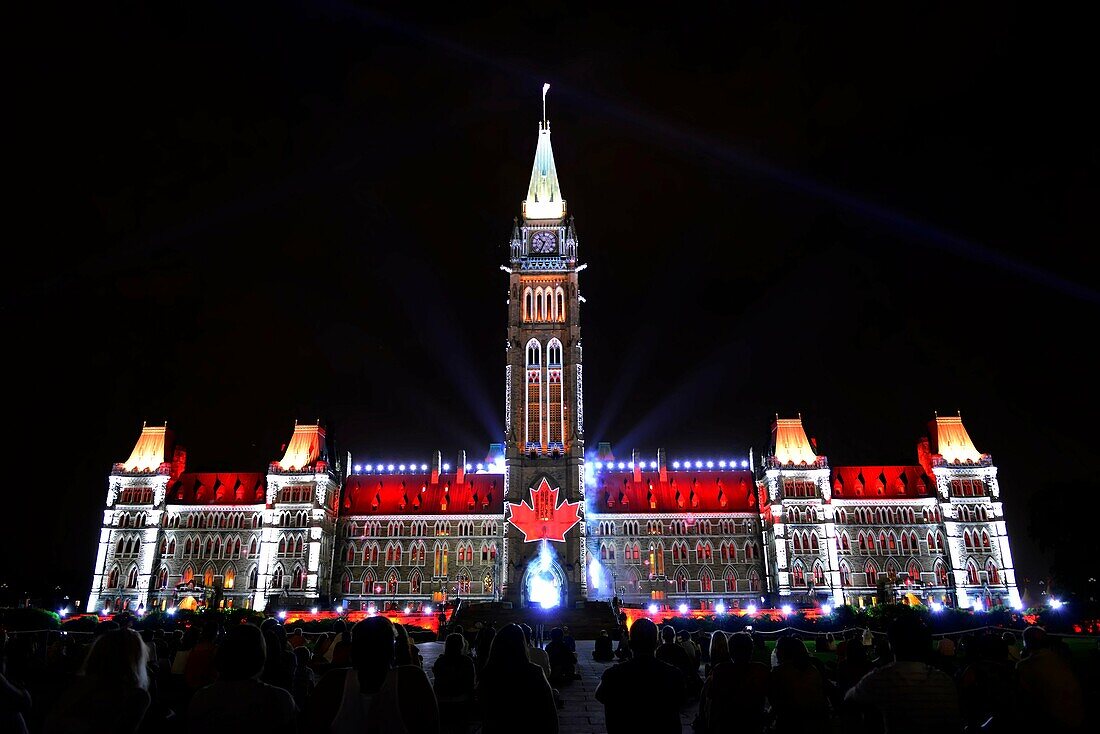 Parliament Hill Peace Tower Ottawa Ontario Canada National Capital City Center Block MosAika night light show