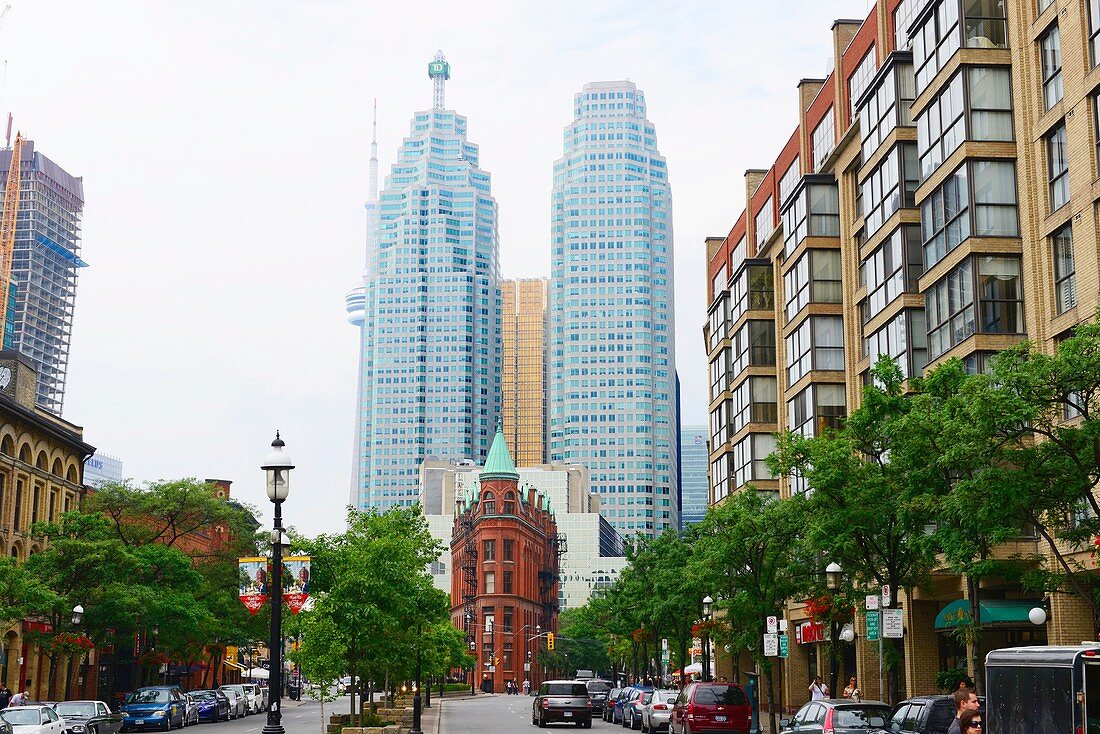 Downtown city life Toronto Ontario Canada Flat Iron Building Gooderham Building