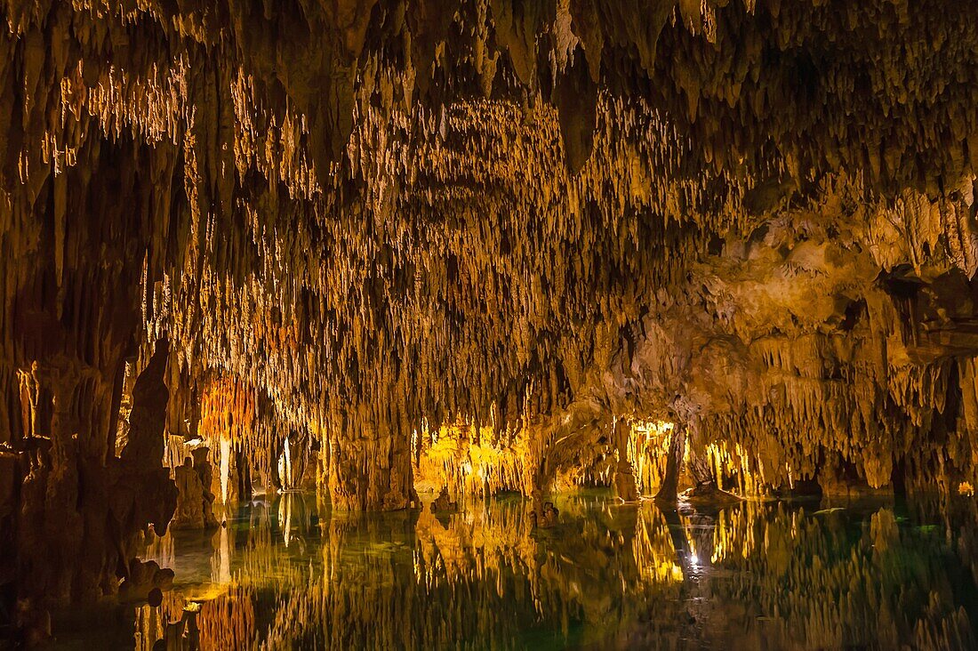 Limestone caves containing stalactites and stalagmites and cenotes connecting to an underground river, Aktun Chen Natural Park, Aktun, Riviera Maya, Mexico
