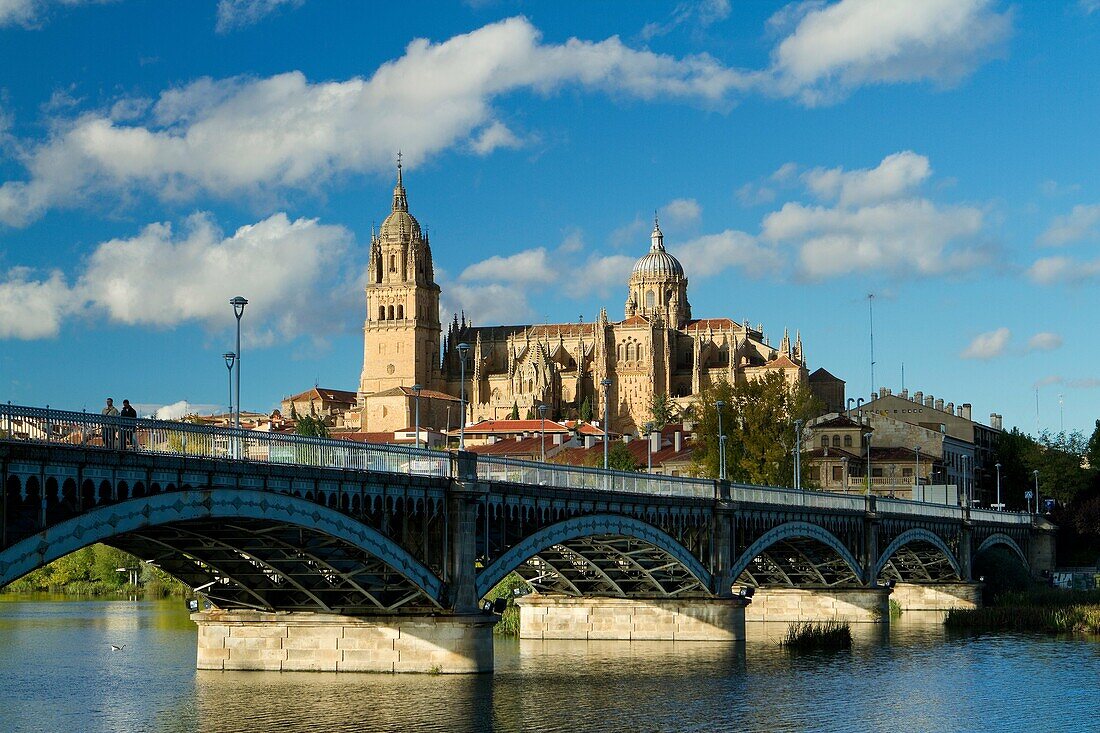 Overview of Salamanca city and itd New Cathedral from San Esteban Bridge over the Tormes river  Salamanca  Castilla y Leon  Spain