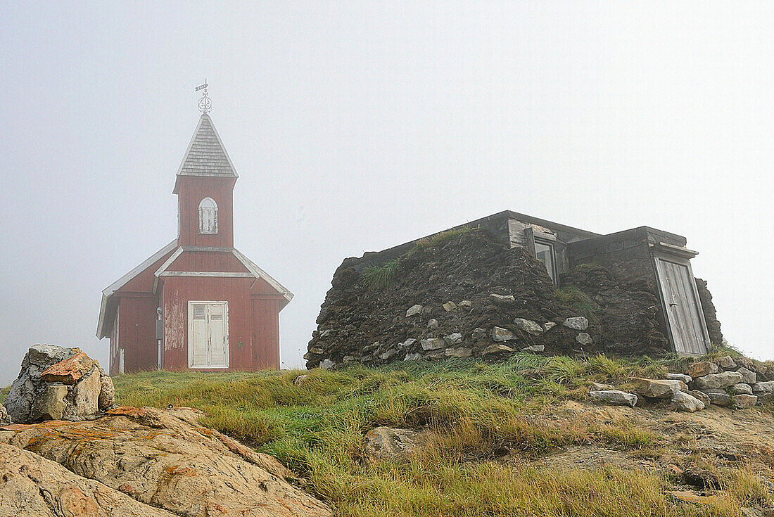 Greenland, Upernavik, Traditional turf house and old church