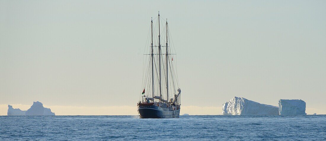 Greenland, Baffin Bay, Nuussuaq region, Schooner Rembrandt Van Rijn and icebergs