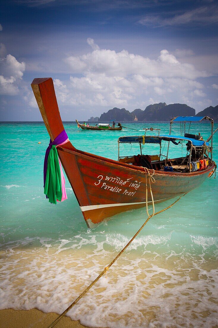 Longtail boat on Long beach  Phi Phi Don island  Krabi province, Andaman Sea, Thailand