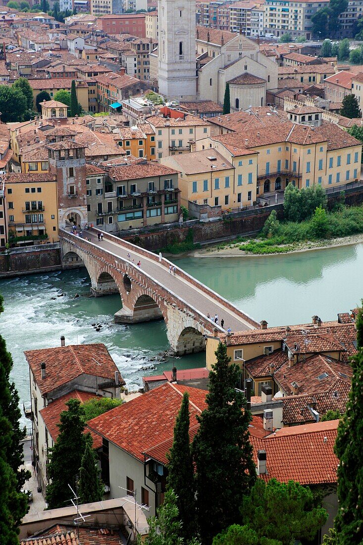 Elevated view of Ponte Pietra Stone Bridge on the Adige River, Verona, Italy