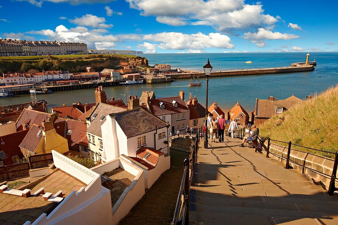 199 steps overlooking Whitby harbour  North Yorkshire, England